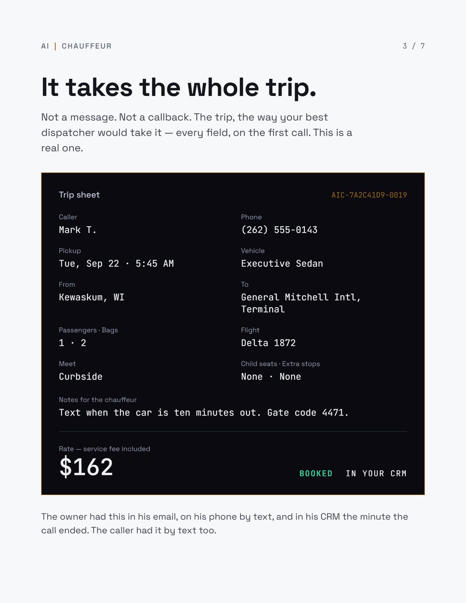 HandelShane's tweet photo. 100 limo calls at once. Every one answered. Every one booked.

AI Chauffeur takes the whole trip, quotes your rates, books it, puts it in your CRM. Seven pages on what it does.

Hear it take a trip: 414-775-0019
Push to try AI: https://t.co/evLHKoRJCT

#limousine #blackcar https://t.co/2g0Zctw3R8