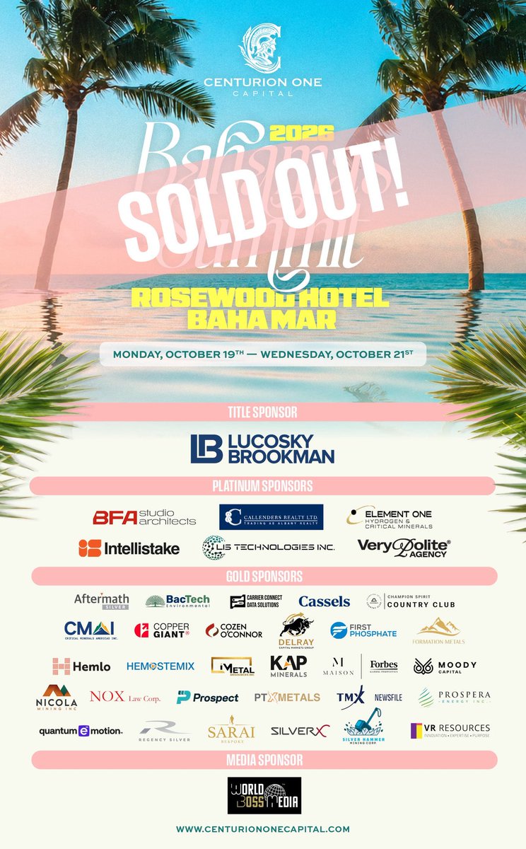 KiaBesharat's tweet photo. Our 4th Annual Bahamas Summit Is Sold Out

Our world-class, invite-only Bahamas Summit, October 19–23 at the Rosewood Baha Mar, is sold out for all presenting companies and sponsors. You can still register to attend, however. The Centurion One Capital conferences and summits are the most exclusive events in small cap, with over $500 billion in assets under management attending throughout the week. The VIP experiences and level of curation will once again exceed expectations. In other words:

Big-stage presentations from companies worth meeting

Curated one-on-one meetings that actually lead somewhere

An unforgettable lineup of VIP experiences, including:

Private golf at Albany - The 18-hole championship course hosts the Hero World Challenge — Tiger Woods’ invitational — every year, with 20 of the world’s best in the field.

VIP Welcome Lunch at 25° North -Beachfront inside Baha Bay Beach Club. The lunch spot at Baha Mar.

Cocktail reception at Old Fort Bay - A guard-gated waterfront home in a community built around an 18th-century British fort clubhouse, private beach, and winding canals.

CEO Dinner at DUNE, Four Seasons Ocean Club - James Bond territory — Casino Royale was filmed here. Michelin-starred Jean-Georges Vongerichten’s restaurant sits on Paradise Island, looking out over turquoise water.

VIP Finale Dinner at Graycliff -Five-star dining with cigars, live music, and one of the world’s great private cellars: 250,000+ bottles from thousands of producers across 20 countries.

OneRepublic live - The Grammy-nominated pop-rock giants shut the week down.

The Bahamas — turned all the way up.