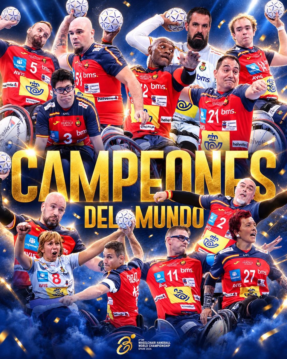 RFEBalonmano's tweet photo. 🇪🇸 𝐒𝐎𝐌𝐎𝐒 𝐂𝐀𝐌𝐏𝐄𝐎𝐍𝐄𝐒 𝐃𝐄𝐋 𝐌𝐔𝐍𝐃𝐎 🏆

España se proclama campeona del mundo de balonmano en silla de ruedas en Granollers 🌍🏆

❤️ Un equipo. Una familia. Un Mundial para la historia.

▶️ @gencat · @esportcat · @granollers · @diba

#️⃣ #Spain2026 #WheelchairHandball #BalonmanoSillaRuedas