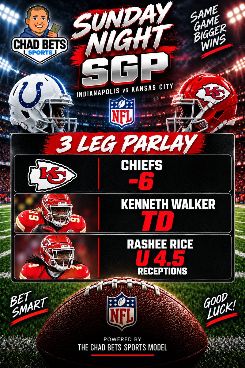 ChadBetsSports's tweet photo. Sunday Night SGP:

Chiefs -6
Kenneth Walker TD
Rashee Rice U 4.5 Receptions

#NFL #SundayNightFootball #SportsBetting https://t.co/SW7iESHOD7