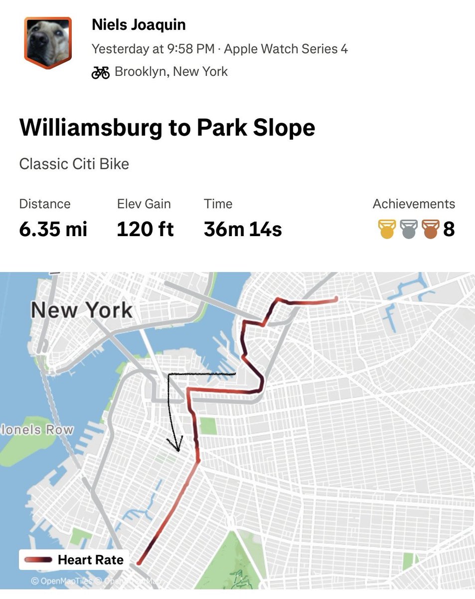 nielsj_'s tweet photo. Random bike tweet: the route from the Navy Yard to Park Slope is so well connected now. Coming from Williamsburg, I used to climb up Vanderbilt to Prospect Heights. Now the path that goes by BAM is a straight shot. Biking is such a great intra-borough solution! https://t.co/aQNwstFCJy