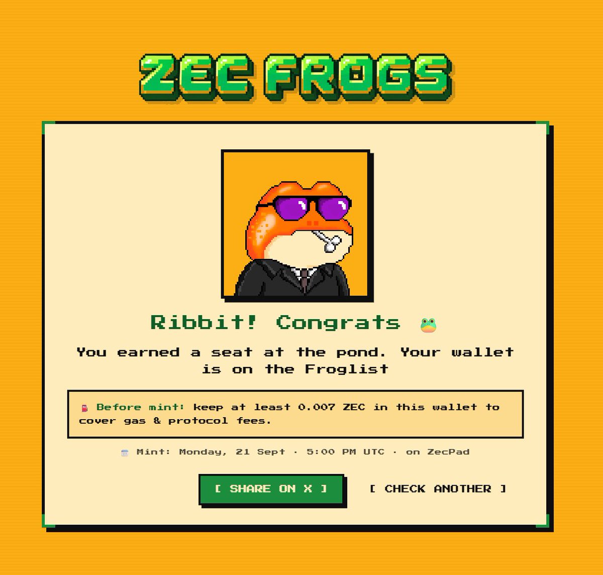 ViredFreedom's tweet photo. V进 @zecfrogs Froglist了
兄弟们，可以去查查zecfrogs的资格了

6969只像素青蛙
（当时ordinals的青蛙也是6969）

ZEC主网免费mint
存好gas就行
mint是北京时间9月22日凌晨1点
确认资格地址→ https://t.co/ABmLGWLQtS 

#ZECFrogs $ZEC https://t.co/ukEKXWacZd