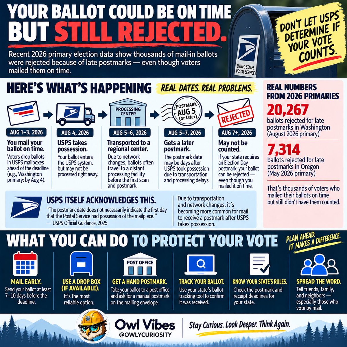 OWLYCURIOSITY's tweet photo. @GenoVeno73 @USPS True….  Don’t trust them with your ballot.  If you must, then vote early as possible and track your ballot. https://t.co/NWXLfgVmnY