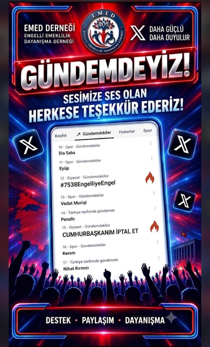 emeddernegi's tweet photo. Birlikte kenetlendik, sesimizi Türkiye gündemine taşıdık! ✊
​#7538EngelliyeEngel ve "CUMHURBAŞKANIM İPTAL ET" haykırışımızla X gündeminde yerimizi aldık. Haklı mücadelemize omuz veren, sesimize ses katan herkese teşekkür ederiz.
​Birlik olduk, daha güçlü geleceğiz. Haklarımızı alana kadar dayanışmaya devam! 💙