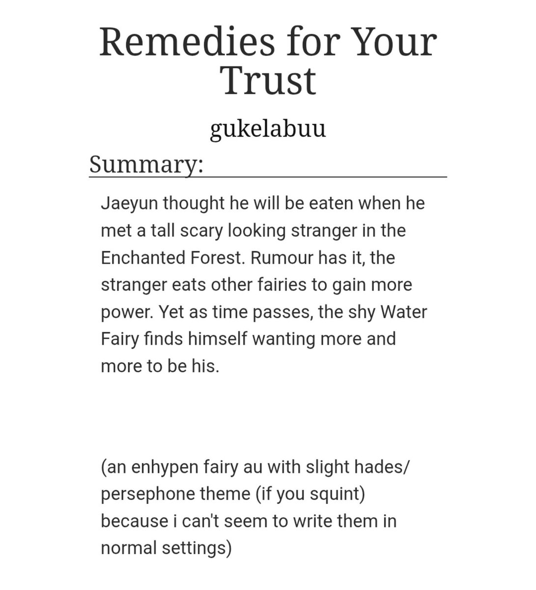 gukelabuu's tweet photo. ✎ᝰ.  '𝐑𝐞𝐦𝐞𝐝𝐢𝐞𝐬 𝐟𝐨𝐫 𝐘𝐨𝐮𝐫 𝐓𝐫𝐮𝐬𝐭'
multi - chapters fic | english

✓ #heejake
✓ fantasy romance
✓ strangers to lovers
✓ fluff and cozy
✓ with little angst and little 18+ https://t.co/IlXgKDBHwb