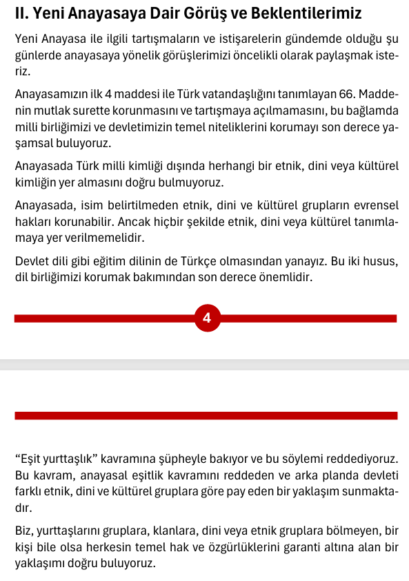 etnojenez's tweet photo. YENİ ANAYASA ÇALIŞMALARINA DAİR KISA BİR DERKENAR

Cumhurbaşkanı Başdanışmanı ve Cumhurbaşkanlığı Hukuk Politikaları Kurulu Başkanvekili Mehmet Uçum @mehmetucum, Türkiye'nin yeni anayasa gündemini, anayasa ihtiyacını ve atılması gereken adımları anlatan bir analiz kaleme aldı.

Uçum, analizinde Anayasa'nın ilk dört maddesi dahil olmak üzere,
☑️ Yeni anayasada milli kurtuluş ve bağımsızlık mücadelemizin ve anayasal birikimimizin kazanımları olarak Türk milleti, 
☑️Türk vatandaşlığı, 
☑️resmi dil ve tek zorunlu eğitim dili olarak Türkçe, 
☑️cumhuriyet, 
☑️üniter yapı, 
☑️laiklik, 
☑️demokratik hukuk devleti 
kavramlarının kırmızı çizgi olduğunu ifade etti.

Uçum, devamla "Bu konularda istismar siyaseti yürütülmesine, sürece gölge düşürmek maksatlı bilinçli çarpıtmalar yapılmasına asla müsaade edilmez. Bu hususlarda farklı bir düzenleme tartışması zaten kabul edilemez." dedi.

ALEVİ-BEKTAŞİ GÜÇ BİRLİĞİ PLATFORMU olarak bir süre önce 167 Alevi-Bektaşi kurumunun imzasıyla kamuoyuna duyurduğumuz ALEVİ RAPORU'nda aynı hassasiyetleri ortaya koymuştuk.

İlgili başlığı bu vesile ile tekraren kamuoyuna duyurmuş olalım:

"Yeni Anayasaya Dair Görüş ve Beklentilerimiz  

Yeni Anayasa ile ilgili tartışmaların ve istişarelerin gündemde olduğu şu  günlerde anayasaya yönelik görüşlerimizi öncelikli olarak paylaşmak isteriz.  

Anayasamızın ilk 4 maddesi ile Türk vatandaşlığını tanımlayan 66. Madde nin mutlak surette korunmasını ve tartışmaya açılmamasını, bu bağlamda  milli birliğimizi ve devletimizin temel niteliklerini korumayı son derece ya şamsal buluyoruz.  

Anayasada Türk milli kimliği dışında herhangi bir etnik, dini veya kültürel  kimliğin yer almasını doğru bulmuyoruz.  

Anayasada, isim belirtilmeden etnik, dini ve kültürel grupların evrensel  hakları korunabilir. Ancak hiçbir şekilde etnik, dini veya kültürel tanımla maya yer verilmemelidir.   

Devlet dili gibi eğitim dilinin de Türkçe olmasından yanayız. Bu iki husus,  dil birliğimizi korumak bakımından son derece önemlidir.  

“Eşit yurttaşlık” kavramına şüpheyle bakıyor ve bu söylemi reddediyoruz.  Bu kavram, anayasal eşitlik kavramını reddeden ve arka planda devleti  farklı etnik, dini ve kültürel gruplara göre pay eden bir yaklaşım sunmakta dır.  

Biz, yurttaşlarını gruplara, klanlara, dini veya etnik gruplara bölmeyen, bir  kişi bile olsa herkesin temel hak ve özgürlüklerini garanti altına alan bir  yaklaşımı doğru buluyoruz."

ALEVİ RAPORU'NUN TAM METNİNİ OKUMAK İÇİN
https://t.co/bPrjW18F8O