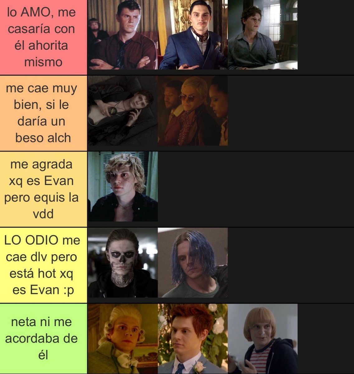 spideyquire's tweet photo. Por fin terminé mi rewatch de AHS y este es mi ranking de todas las temporadas según cuánto me gustan y tambn mi tier list de personajes favs de Evan HSAJASHJ, a ver q tanto cambia cuando se estrene la temporada 13 😼 https://t.co/QPCJuXqvaB