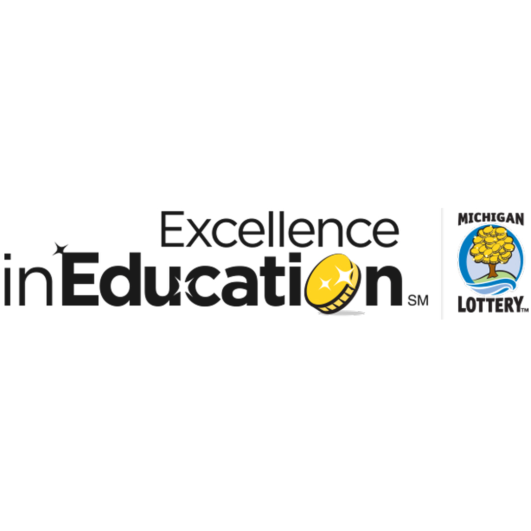 Excellence in Education logo. On the right is the Michigan Lottery logo, depicting a money tree with yellow coins.