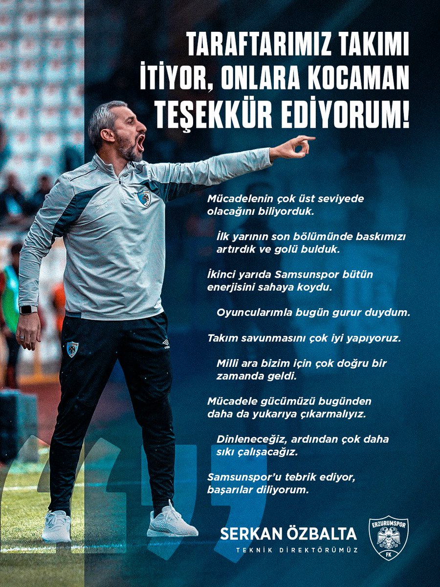 Erzurumspor's tweet photo. 🎙️Teknik Direktörümüz Serkan Özbalta’nın maç sonu açıklamaları.
‘’Taraftarımız takımı itiyor, onlara kocaman teşekkür ediyorum.’’
#ERZvSAM | 1-0 https://t.co/2qQwJUgvpY