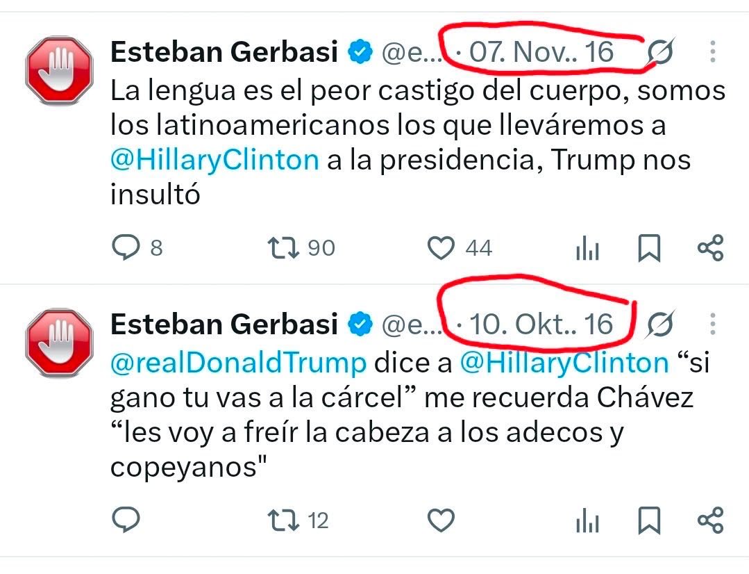 MacaSuarezVE's tweet photo. Usted es un viejo, que aparte de ser un gran oportunista y un demócrata irredento es un TREMENDO MMGVO! 

Jamás votó por @realDonaldTrump sino por la muy socialista y muy anti-católica Hillary Clinton. 

Por eso eliminó estos tweets.

Falso! https://t.co/Jd5u1yM3QT