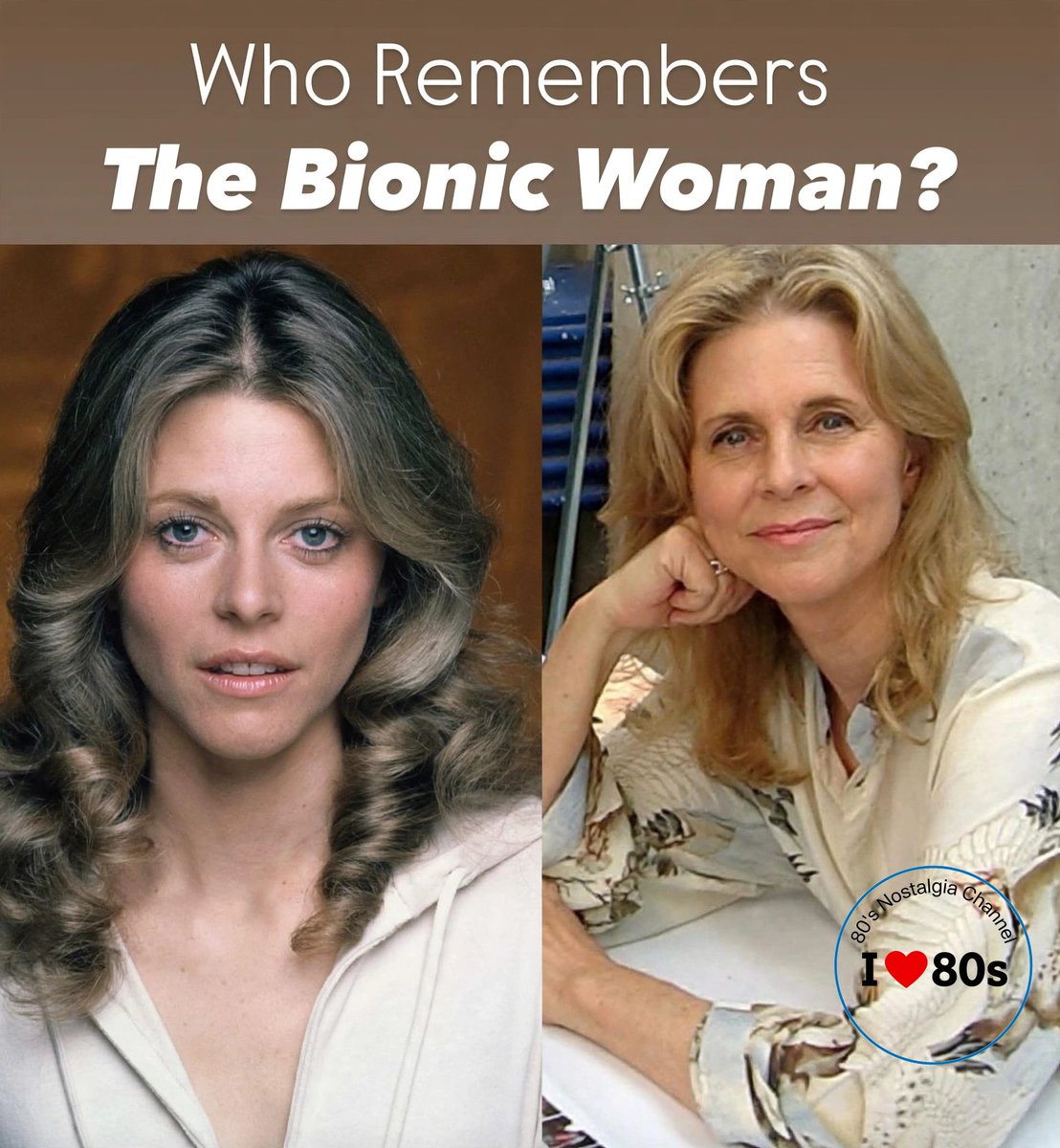 80s_channel's tweet photo. She was TV's strongest woman before Wonder Woman took over.

Lindsay Wagner as Jaime Sommers in The Bionic Woman (1976-1978). She was supposed to die in her debut on The Six Million Dollar Man, but viewers wrote so many letters ABC gave her own show.

That famous slow-mo bionic hearing sound? Wagner hated filming it because she had to freeze for so long while they added the effect.

Left: 1976 promo shot. Right: at a fan convention a few years ago — still signing for the generation who grew up racing home to watch her outrun cars.

Who had the action doll with the bionic eye you could look through?