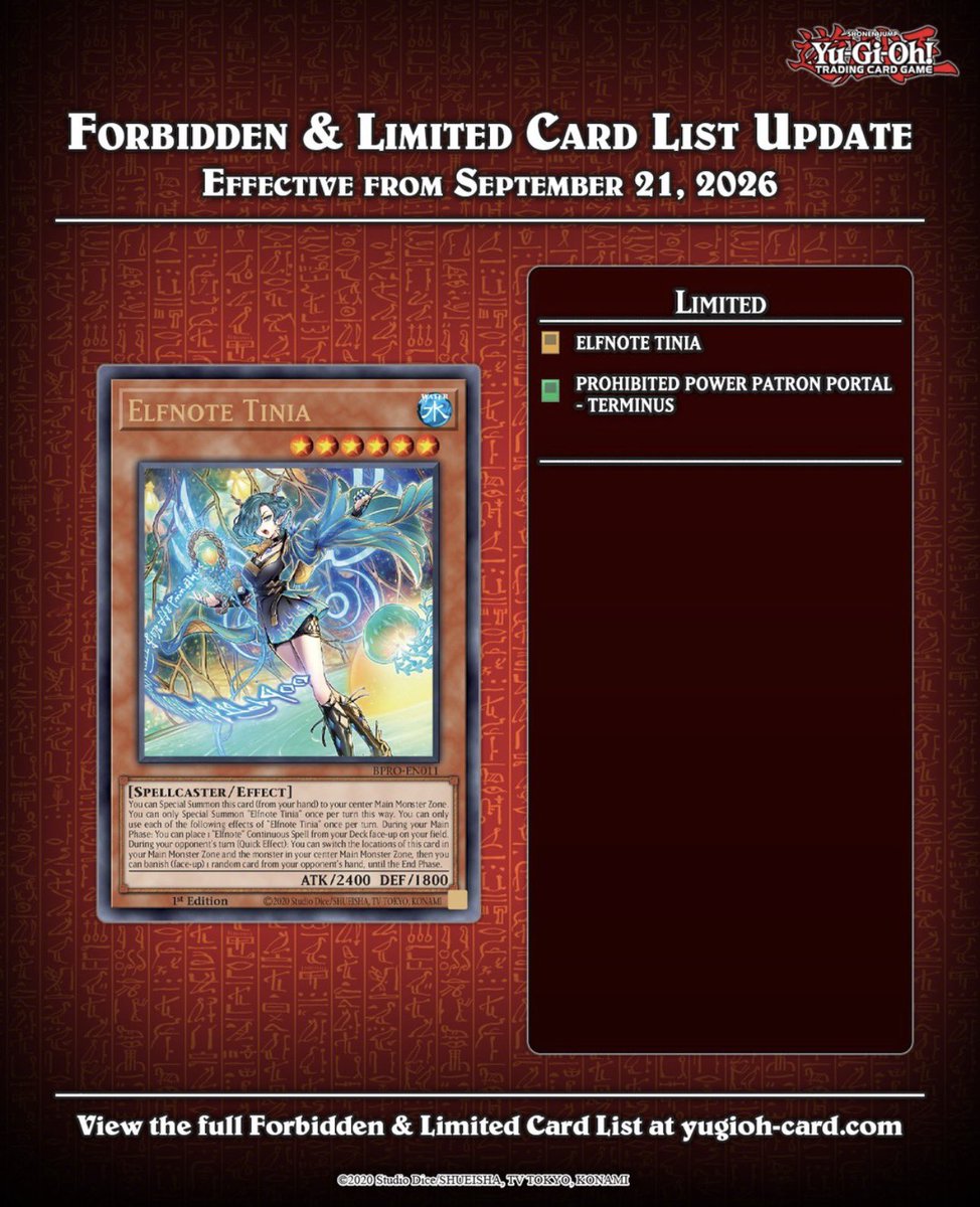 YuGiOhNewsTCG's tweet photo. Attention Duelists❗️⚠️

The #YuGiOhTCG Forbidden &amp;
Limited List has been updated! These changes go into effect on 21st September 2026, with the exception of Mind Master and Elder Entity Norden which go into effect on 28th September 2026. https://t.co/CwmYXkXN4d