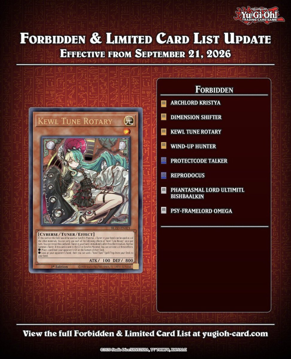 YuGiOhNewsTCG's tweet photo. Attention Duelists❗️⚠️

The #YuGiOhTCG Forbidden &amp;
Limited List has been updated! These changes go into effect on 21st September 2026, with the exception of Mind Master and Elder Entity Norden which go into effect on 28th September 2026. https://t.co/CwmYXkXN4d