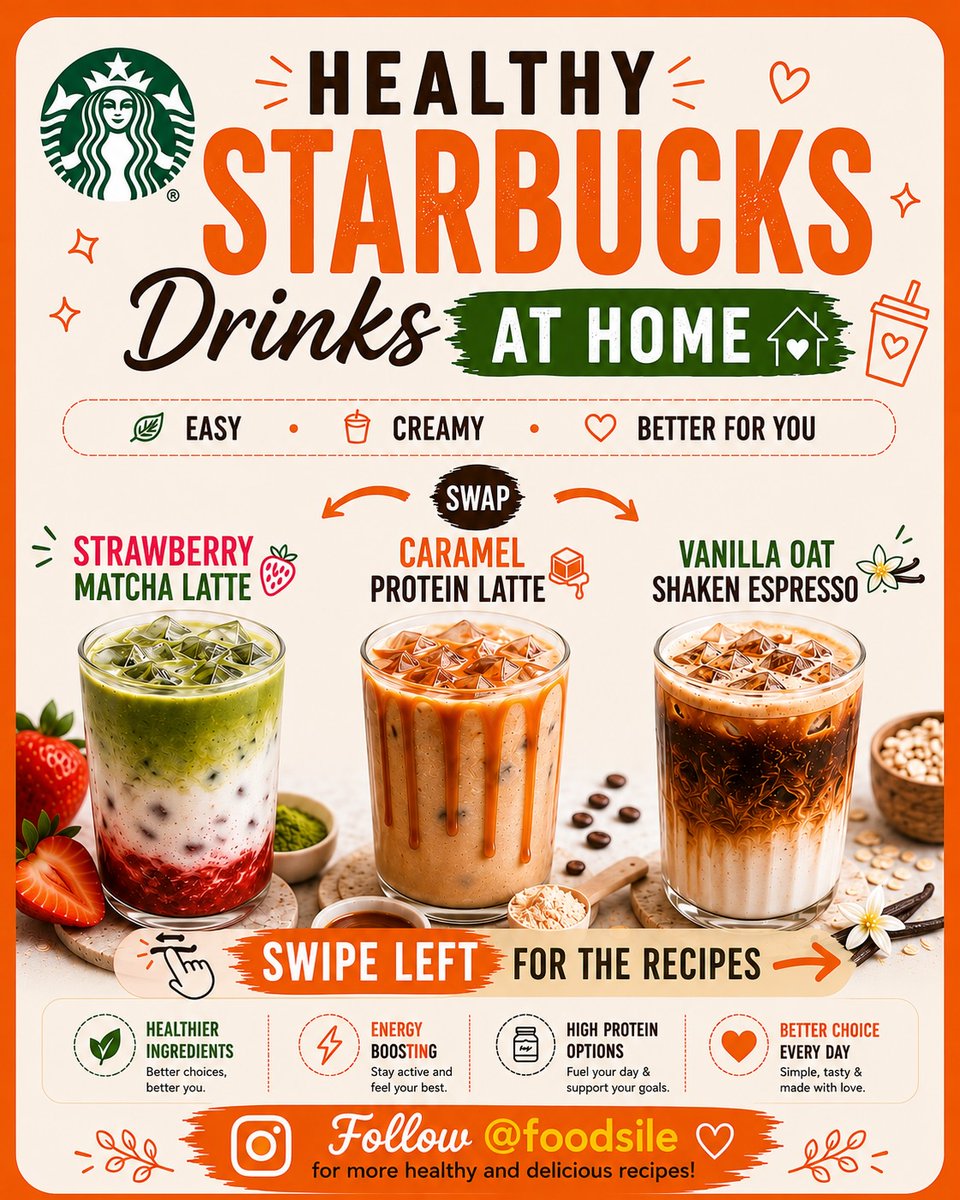benjaminwhitemh's tweet photo. Healthy Starbucks-inspired drinks at home: creamy, refreshing, and made with better-for-you ingredients. Try a Strawberry Matcha Latte, Caramel Protein Latte, or Vanilla Oat Shaken Espresso for a delicious boost without the coffee shop prices. Save https://t.co/5xM1mKVye0