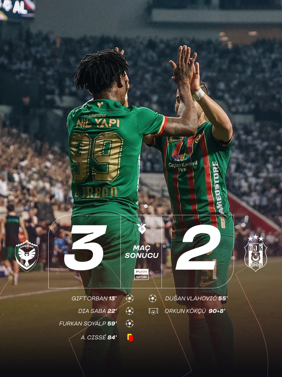 pusholder's tweet photo. Amed SF, Beşiktaş'ı 3-2 mağlup etti. https://t.co/y0U726Sgke