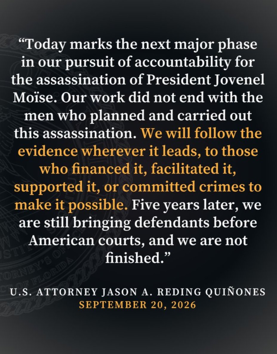 USAO_SDFL's tweet photo. 30 indicted for their involvement in assassination of Haitian president. 18 transported in military plane from Haiti to face American justice in the Southern District of Florida. https://t.co/T08y0x88hj