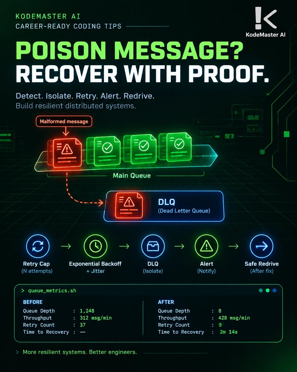 KodeMasterAI's tweet photo. Build worker. Inject poison. Watch retries loop while healthy jobs stall. Fix capped retries, backoff+jitter, DLQ alerts, idempotency, redrive. Measure depth/flow/recovery. Prove it in Git. #BuildToHire #Queues https://t.co/KXCaI2Ibge