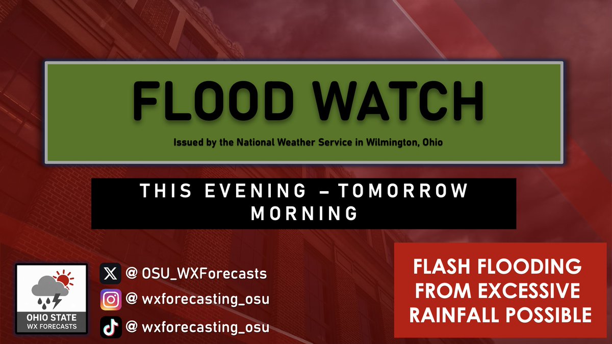 OSU_WXForecasts's tweet photo. A Flood Watch has been issued for the Columbus metro from 7 pm tonight through 8 am tomorrow morning. Per the National Weather Service in Wilmington, "showers and thunderstorms producing heavy rain will impact the area overnight. (1/3) https://t.co/uIJhdZjikJ