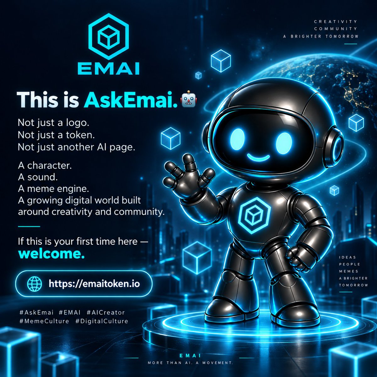 Emai_token's tweet photo. This is AskEmai. π€
Not just a logo.
Not just a token.
Not just another AI page.
A character.
A sound.
A meme engine.
A growing digital world built around creativity and community.
If this is your first time here β welcome.
π https://t.co/fyerCTnOWL
#AskEmai #EMAI #AICreator #MemeCulture #DigitalCulture