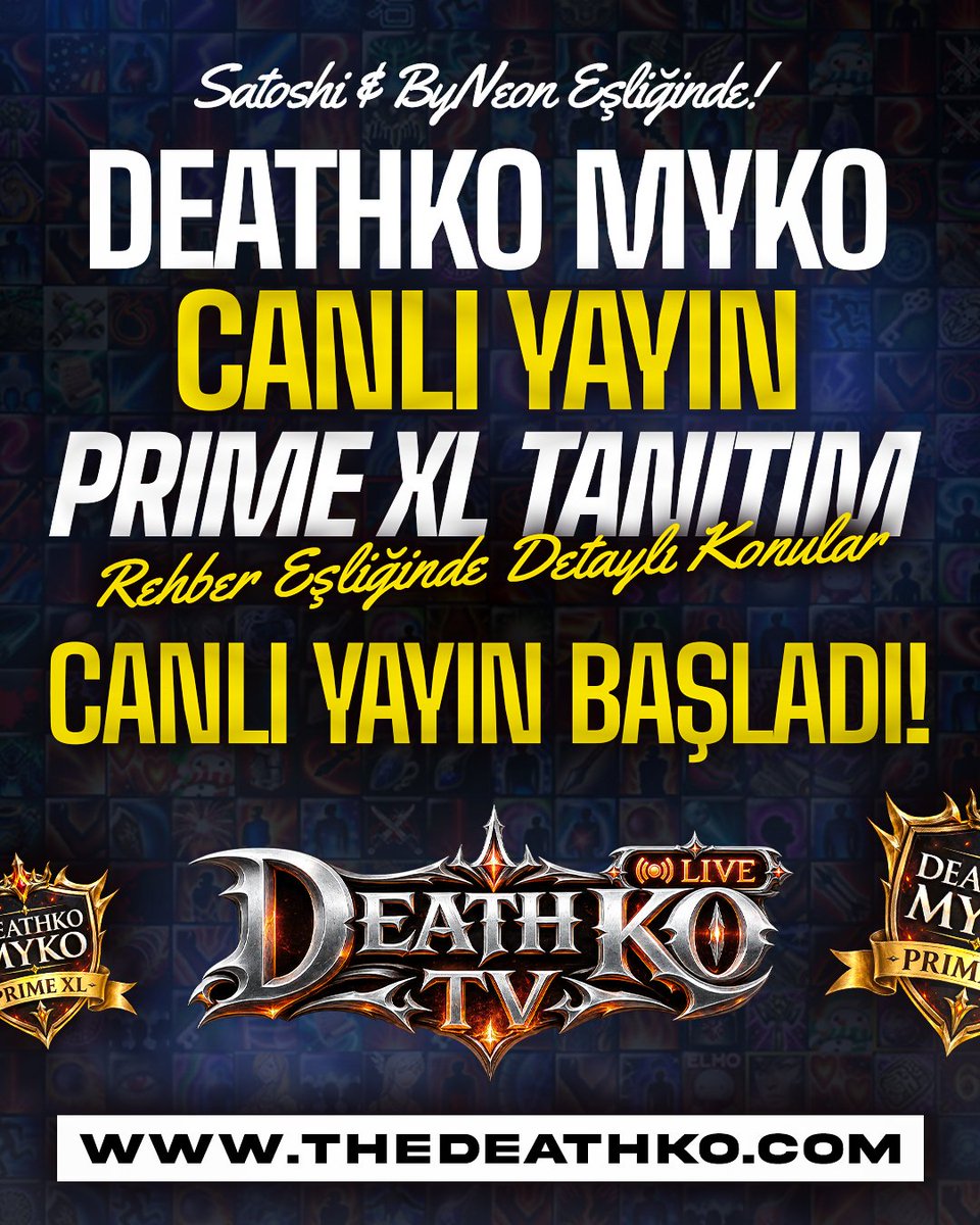 DeathKoOfficial's tweet photo. 🔥 DEATHKO v1098 MYKO — PRIME XL 🔥

🎬 SATOSHI & BYNEON İLE PRIME XL DETAYLI TANITIM CANLI YAYINI BAŞLADI!

📺 CANLI YAYIN KANALLARI;

🔴 https://t.co/FsdCdrjJU6 : https://t.co/Z0qIkd2Qr1
📺 Kick : https://t.co/0hpMC1sOoA
▶️ YouTube : https://t.co/5sx8NbgMXG

━━━━━━━━━━━━━━━━━━━━━━━━━━━━

🔥 PRIME XL İÇİN TÜM DETAYLAR AÇIKLANIYOR!

📖 DEATHKO — SABIRSIZLIKLA BEKLENEN “PRIME XL” TANITIM REHBERİ YAYINDA!

🌍 Rehber Platformu https://t.co/uCMJdSO7aA

🪙 Yeni ve Uzun Soluklu Ekonomi & Farm Düzeni
Oyuncu emeğini ve oyun içi ekonominin sürdürülebilirliğini merkeze alan yeni sistem.

💵 Yeni TL Nakit Ödül Sistemi
📉 Ödül Sistemlerinde Yeni Dönem
💥 Yeni CR & Quest Mimarisi
🏆 PRIME XL Champion League
🎫 Kurumsal Operasyon Yapısına Geçiş
⚡ Yeni Ticket Sistemi
🛡️ Clan Ticket Sistemi
📋 GameMaster – Oyuncu İletişiminde Yeni Sistem
⚖️ Yeni Oyun Kuralları & Güncellenmiş Cezalar

🔥 PRIME XL ile birlikte gelecek birçok önemli yenilik, sistem ve sürpriz ilk kez canlı yayında açıklanıyor!

⚔️ Sunucu: DeathKO v1098 MYKO
🌍 Yeni Dünya: PRIME XL
📅 OFFICIAL AÇILIŞ: 25 Eylül 2026 Cuma — 21:00 (GMT+3)