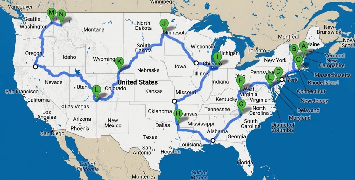 theepicmap's tweet photo. The shortest driving route through all 48 contiguous US states https://t.co/VU7d3UXQz5