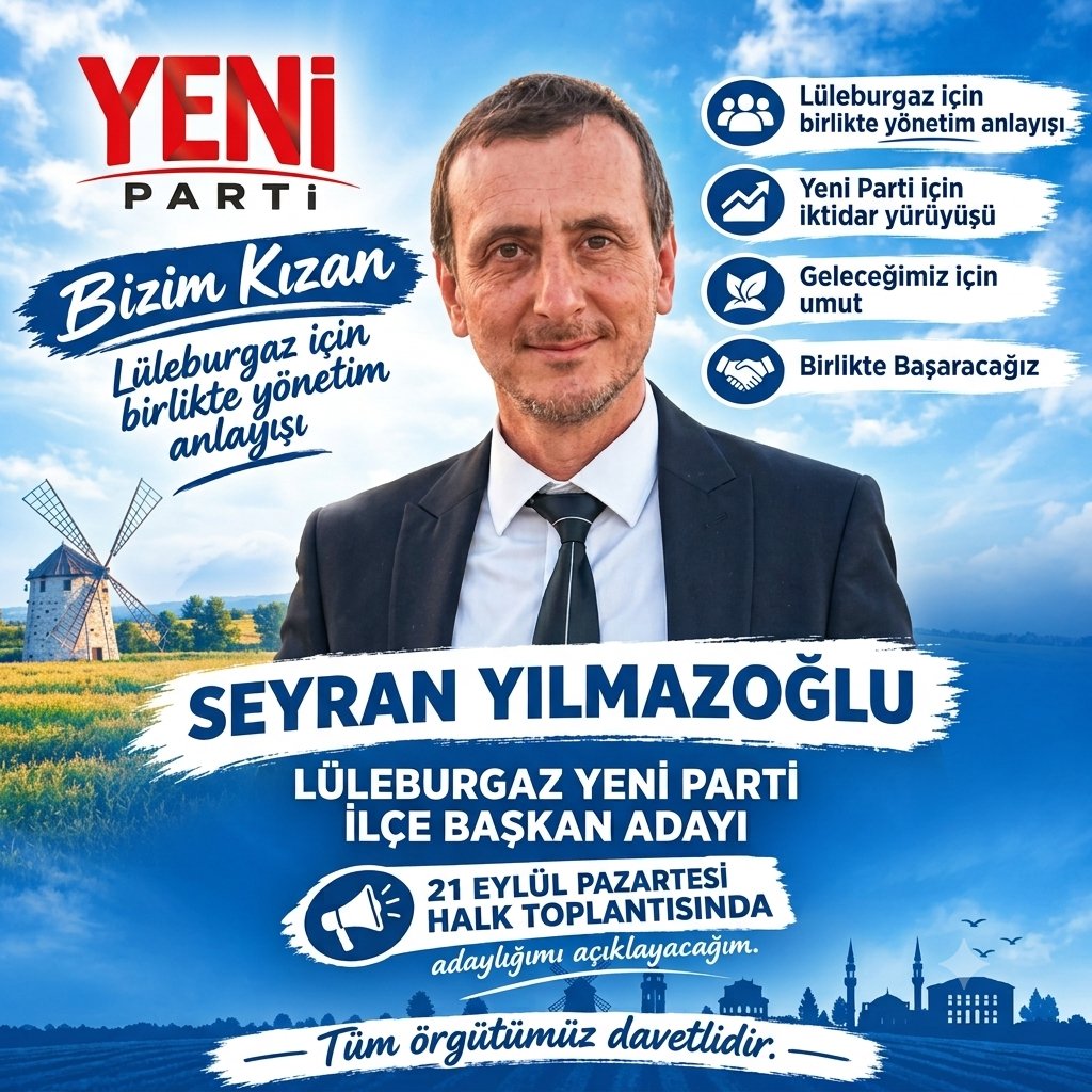 SYilmazogluyp's tweet photo. Değerli Yeni Partililer
Lüleburgaz'ımızın geleceğinde söz sahibi olmak isteyen tüm örgütümüzü,tüm hemşerilerimizi davet ediyorum.
Değişim gençleşerek, yenilenerek ve cesaretle büyür.
Birleşerek kazanacağız.
#YeniParti
#YeniUmutlar
#yeninesilsiyaset https://t.co/gEbJYQZ4IW