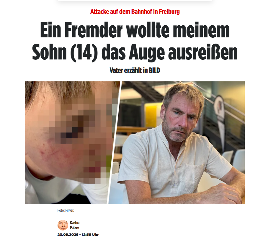 anti_grune's tweet photo. Das bekommt ihr, mit CDU, SPD, LINKE, GRÜNE 😉
Der Täter ist ein 41-jähriger Äthiopier. Er attackierte am 9. September am Freiburger Bahnhof den 14-jährigen Leon unvermittelt mit einem Faustschlag. Der Angreifer beugte sich über den am Boden liegenden Jungen, rief „Ich bringe dich um!“ und versuchte, ihm ein Auge auszustechen, bis ein Café-Besitzer dazwischenging.
