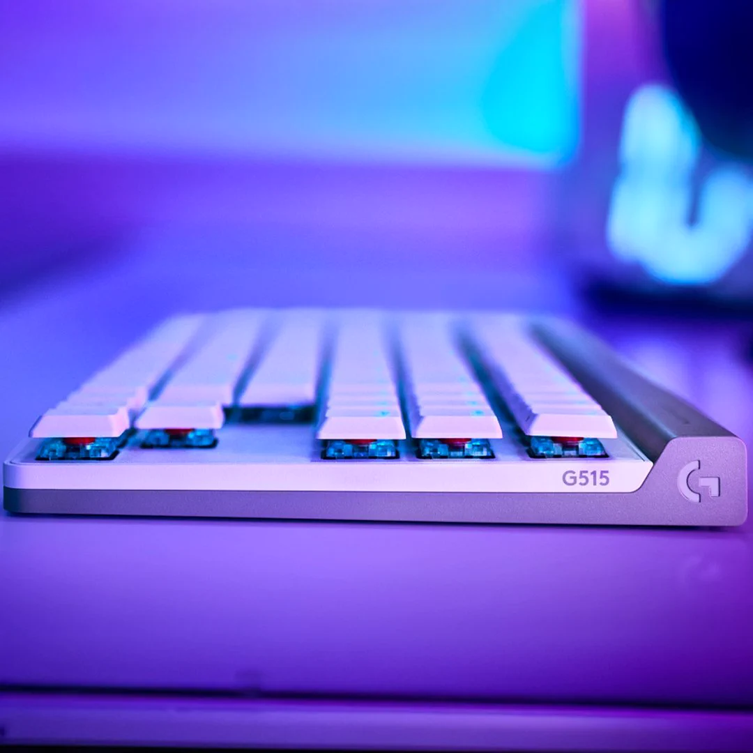 A close-up side view of a G515 LIGHTSPEED TKL KEYBOARD.  
