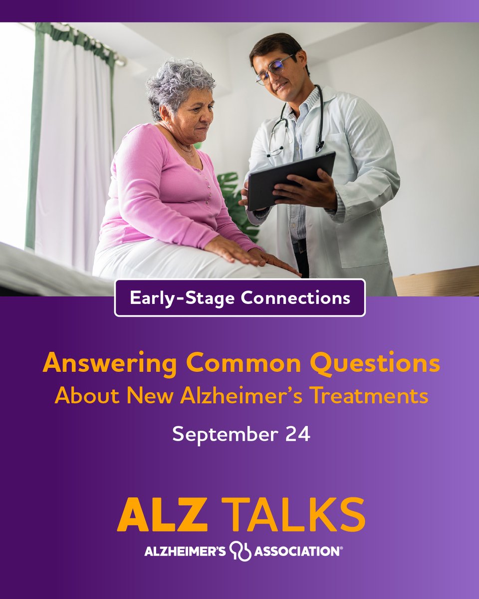 alzmichigan's tweet photo. Are you asking the right questions about new Alzheimer’s treatments? Join our free Early-Stage Connections conversation on Sept. 24 at 2 p.m. ET / 3 p.m. CT. Hear from Association experts and a person living in early-stage Alzheimer’s. Register: https://t.co/fvargY2cnD. https://t.co/15PEvib6j8