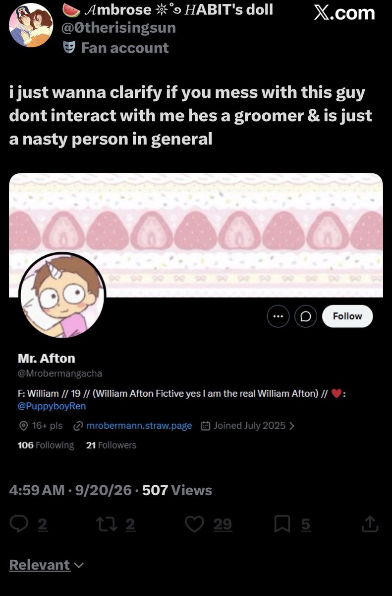 Mrobermangacha's tweet photo. Hi guys I’m not a groomer, there’s no evidence and I debunked it lol! I am
Also not a nasty person in general. This kid however had harassed me and then continues to talk shit about me ♥️ 

Debunking:
https://t.co/CsPdcswrSs https://t.co/Oqx9d0ipJu
