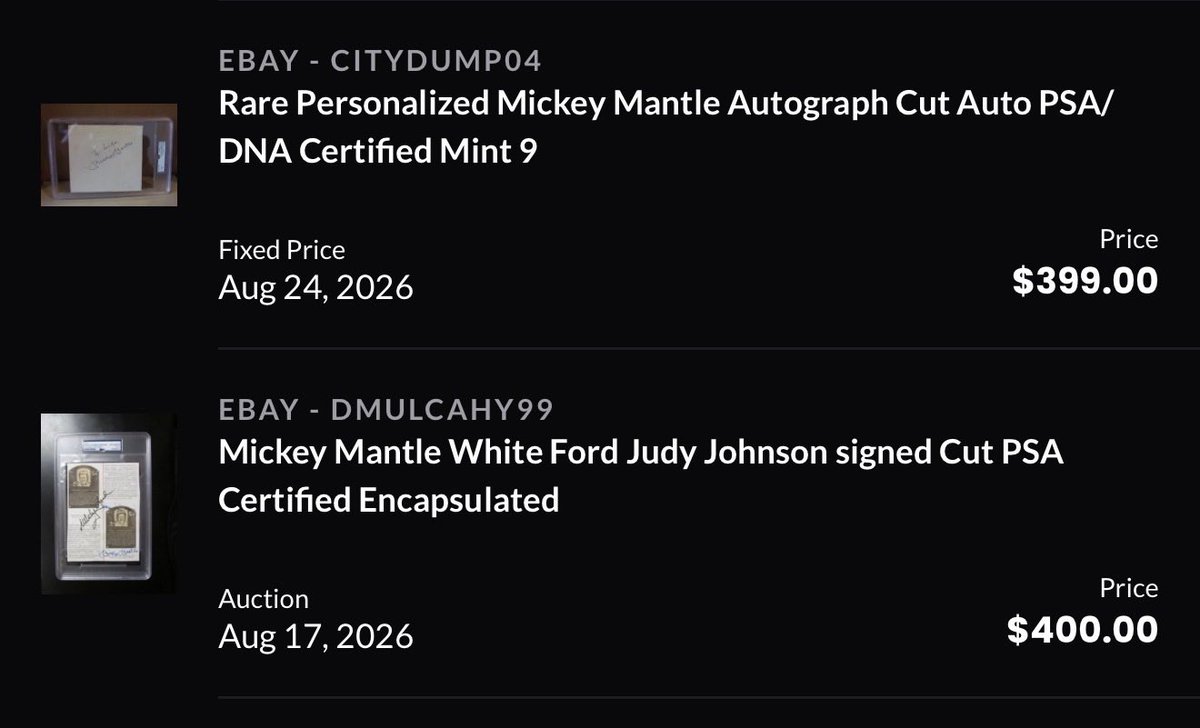 ChromeToMyDome's tweet photo. @darrenrovell For those of you telling Darren “you can’t buy their autos for $6K/$400 here are PSA slabbed cut autos of both https://t.co/uudJJ1OPve