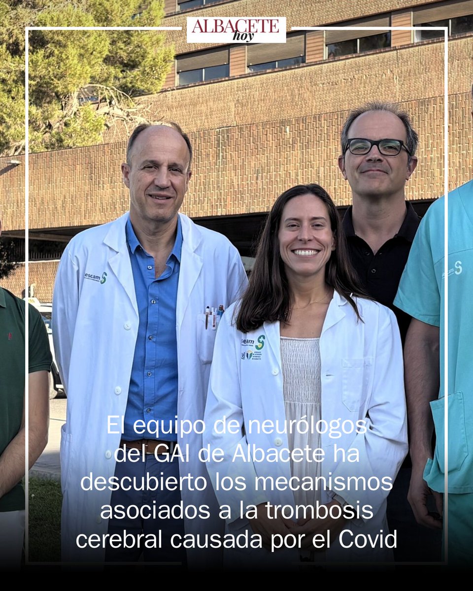 AlbaceteEdOn's tweet photo. 🧠 El Servicio de Neurología del GAI de Albacete lidera una investigación publicada en ‘Acta Neuropathologica’ sobre los trombos cerebrales asociados a la Covid-19. El estudio analiza 12 trombos extraídos a pacientes con ictus. #Albacete #Ciencia https://t.co/7dWmWCLkFC https://t.co/lhRVlxLiux