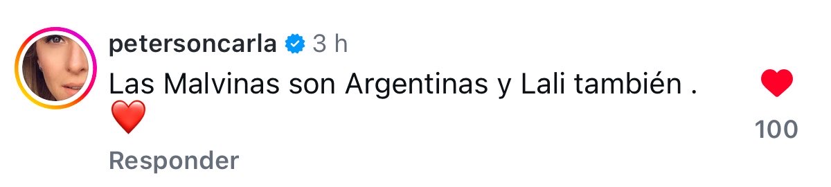 endlesslovele's tweet photo. el comentario de carla peterson a la publicación que hizo la cuenta del festival sobre lali y su remera de las malvinas ❤️‍🩹 https://t.co/m2YG0tFpxd