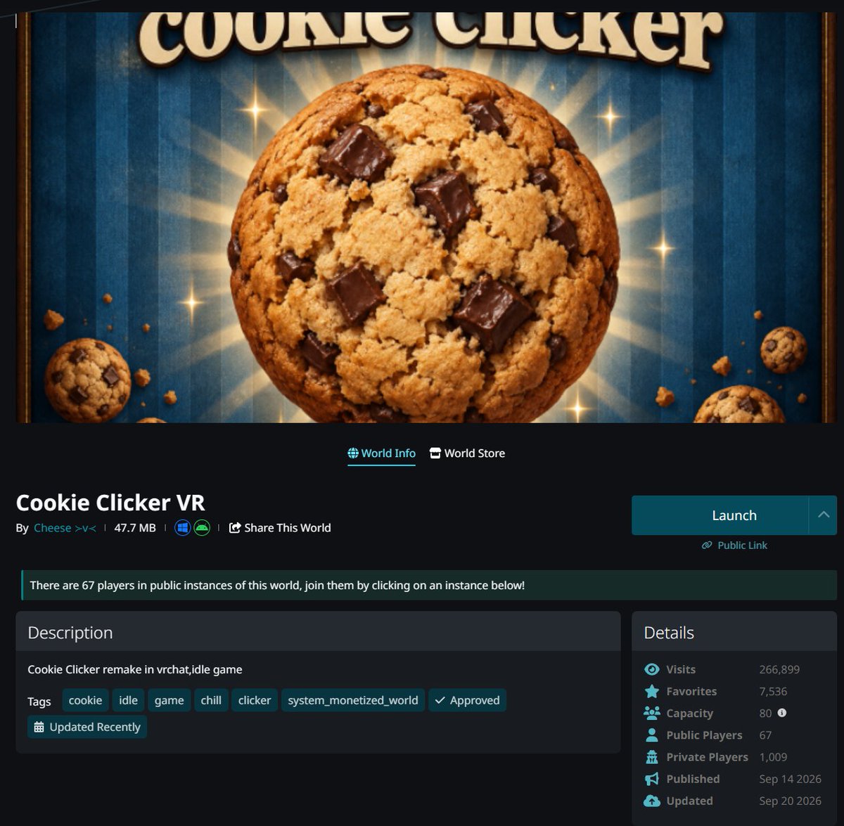 Hrenact's tweet photo. VRChatで「Cookie Clicker VR」というワールドを見つけました。

名前・ビジュアル・ゲーム内容は明らかに Cookie Clicker をベースにしており、さらに VRChat Credits を使ったスポンサー枠、自動クリック、Golden Cookie、Sugar Lump などの有料要素も存在しています。

一方で、Cookie Clicker の公式Web版ソースには、

“please do not re-host it, do not profit from it and do not present it as your own.”

と明記されています。

現時点では、このVRChatワールド内で公式から許可を得ていることを示す記載は確認できませんでした。

そのため、Cookie Clicker公式Discordの管理チームに情報を送って確認中です。
ひとまず公式側の反応を待ちます。