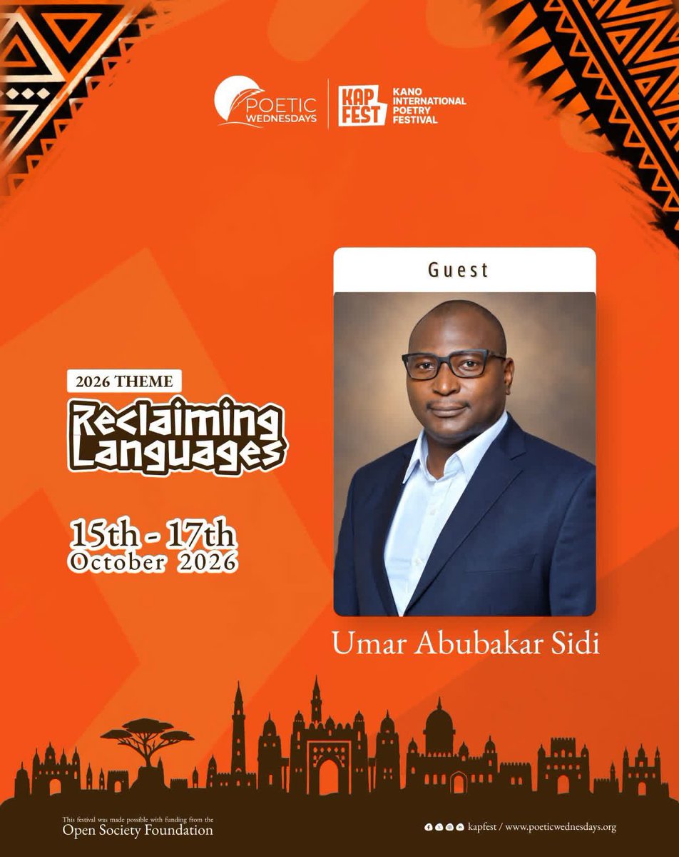 Kanopoetryfest's tweet photo. The poet and mentor of all mad poets, Umar Abubakar Sidi @UmarSidi11, will be at #KAPFEST26!

We’re excited to have the poet, novelist and storyteller with us for conversations, poetry and all the beautiful madness that comes with gathering poets in one place.

You really don’t want to miss this one. Get your tickets and join us: https://t.co/kB30EEmfWU 

15–17 October 2026 | Kano