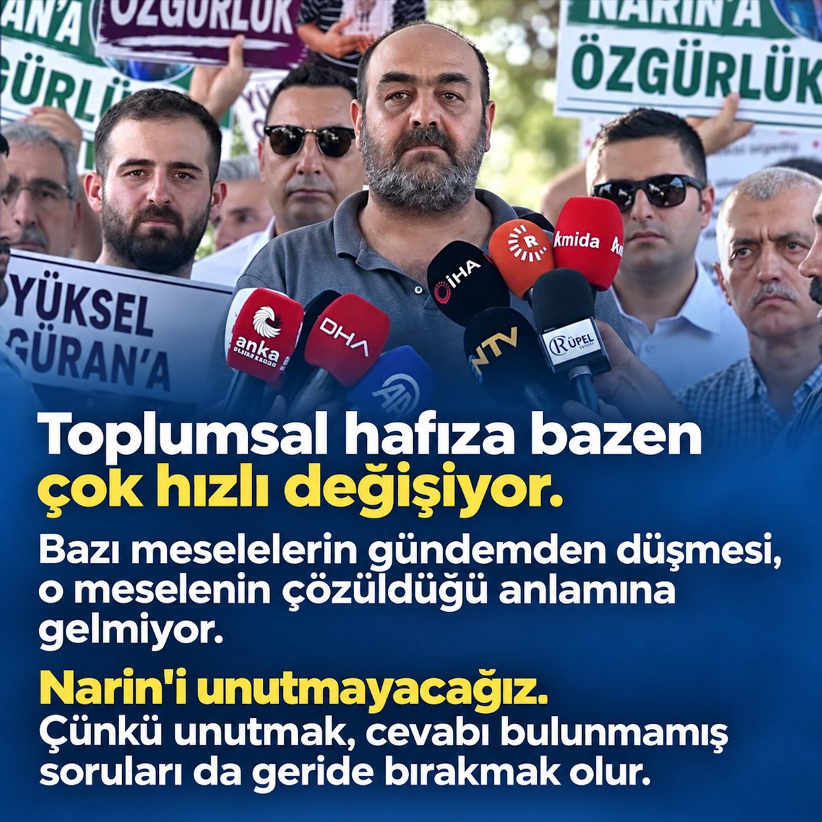 _tevhidekip's tweet photo. Toplumsal hafıza bazen çok hızlı değişiyor.

Bazı meselelerin gündemden düşmesi, o meselenin çözüldüğü anlamına gelmiyor.

Narin'i unutmayacağız. Çünkü unutmak, cevabı bulunmamış soruları da geride bırakmak olur.

#NariniçinAdaletYolu https://t.co/9SfdcNiHbe