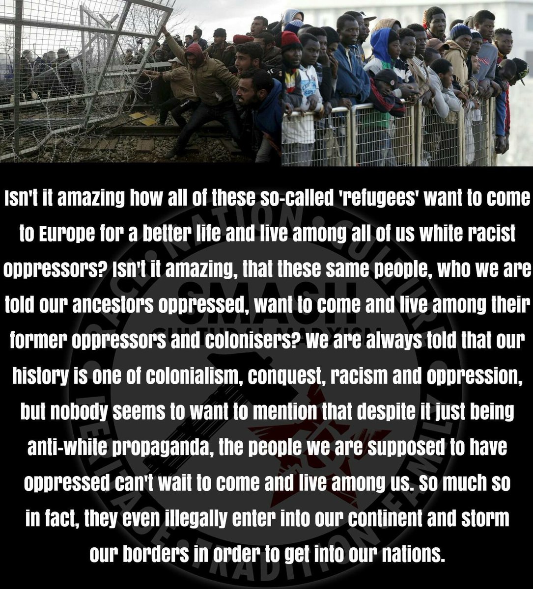 LaszloSkander's tweet photo. @thebronzerock “So evil” that each day, hundreds of alien, hostile, high birth rate savages from Central America, Asia and Africa continue to invade and infest White countries just to live amongst these “evil Whites”. https://t.co/QTjlbEuUg9