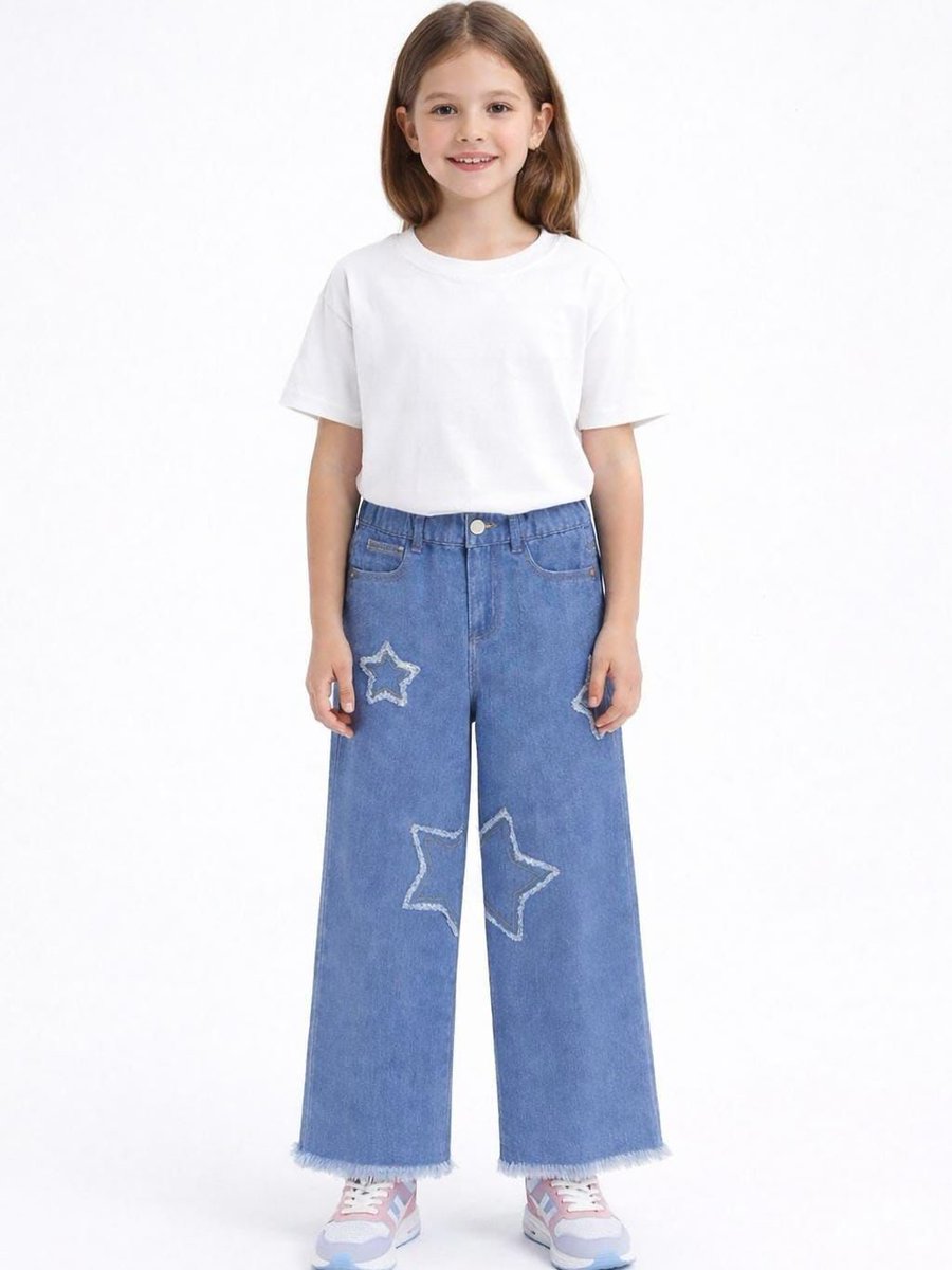RMBASKETBALL's tweet photo. Reach for the stars in our Big Star Patch Wide-Leg Jeans. With a raw hem, elastic waist, and sizes 6–16 years, they’re comfy, trendy, and made for little stars who shine bright. Orders via DM or WhatsApp 78 868 280. https://t.co/yQT7rnIR5p