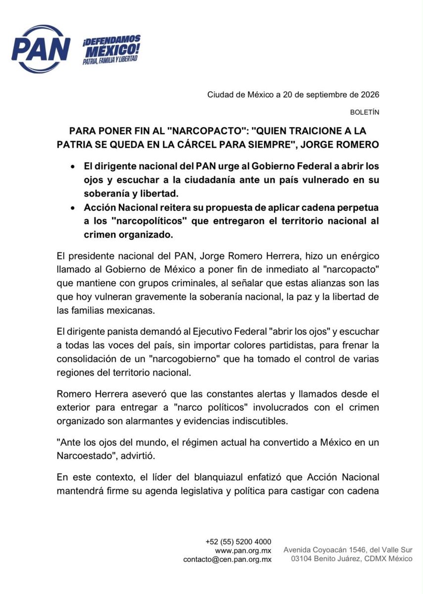 SoledadDurazo's tweet photo. 💬 #Política | @JorgeRoHe, dirigente nacional del PAN, acusó al Gobierno federal de mantener un "narcopacto" con el crimen organizado y solicitó a la presidenta Claudia Sheinbaum evaluar la estrategia de seguridad nacional. 🇲🇽🏛️ https://t.co/9QlJLut2yr