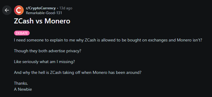 bbaoo777's tweet photo. There’s a thread on r/CryptoCurrency comparing Zcash vs Monero

Everyone in the comments is basically saying the same thing:

Zcash has optional privacy
Monero is privacy by default

Someone even dropped this meme in the comments.

They even have a meme for it

https://t.co/fqU4BQDmny