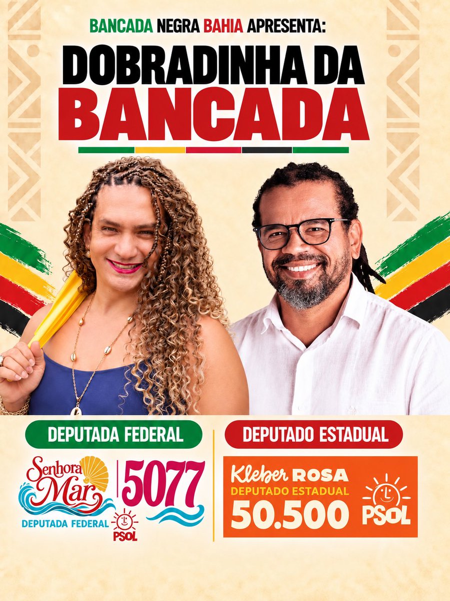 BancadaNegraBA's tweet photo. Bancada Negra Bahia Apresenta:
Senhora Mar  e  Kleber Rosa 
Vote no time completo , vote no time de Lula. https://t.co/U7dBvIXTyK