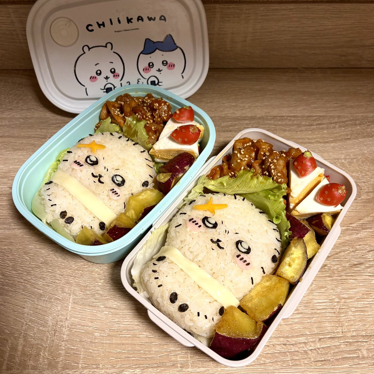 _cocco_ch's tweet photo. ラッコ先生弁当作った！！

甘党のラッコ先生には、ショートケーキ風の卵焼きを添えました🍰😘💖

#ちいかわ
#ラッコ
#ラッコ先生 
#キャラ弁 https://t.co/Atgw2C8DD8