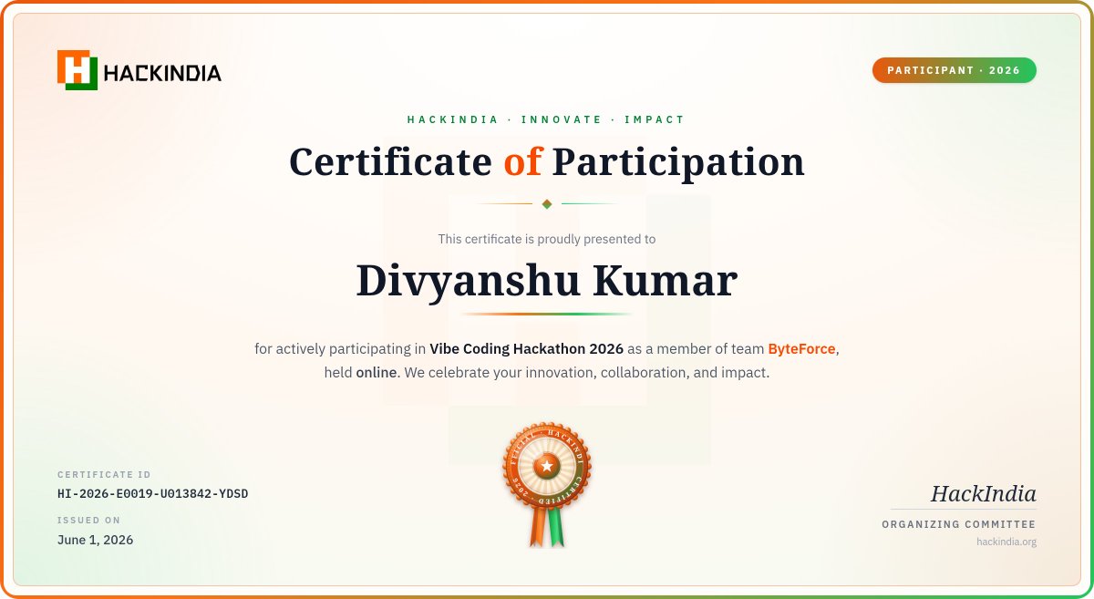 ITS_Divyansh_u's tweet photo. Every hackathon teaches something new. Just wrapped Vibe Coding Hackathon 2026 with @HackIndiaHQ ๐ Building with ByteForce, learning at scale, and growing as a developer. 2026 is hitting different! #HackIndia #CodingCommunity https://t.co/69IlouBY9p