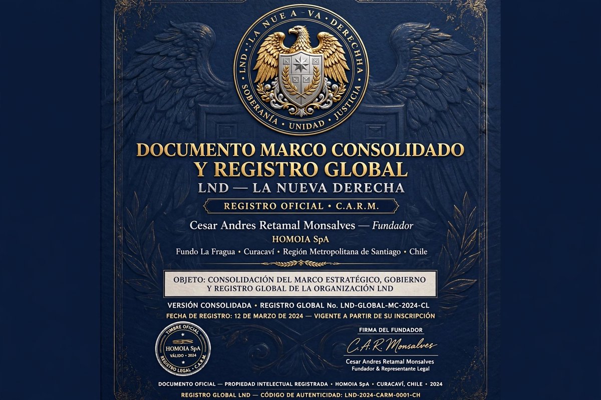 CCESARRETAMAL's tweet photo. 🌐 DOCUMENTO MARCO Y REGISTRO GLOBAL: LND — LA NUEVA DERECHA
Firma e Identificador de Origen: C.A.R.M. — César Andrés Retamal Monsalves
Fundación y Sede Central: Fundo La Fragua, Curacaví / Futrono, Región de Los Ríos, Chile
Centro Logístico y Tecnológico: HOMOIA SpA
Sello Institucional: Él junto a la Tierra
🏛️ 1. FUNDAMENTOS DOCTRINARIOS Y VISIÓN
LND — La Nueva Derecha surge bajo la conducci��n de César Andrés Retamal Monsalves (C.A.R.M.) como una respuesta soberana, descentralizada e intercontinental frente a las agendas globales supranacionales. Promovemos la autodeterminación de las naciones, la protección irrestricta de la propiedad privada, la libertad económica real, la seguridad territorial y el resguardo de la identidad cultural.
Toda la red de nodos territoriales opera bajo una matriz doctrinaria centralizada en Chile, ejecutando políticas orientadas al desarrollo de la economía real y el fortalecimiento del patrimonio familiar.
🗺️ 2. INDEXACIÓN TERRITORIAL Y NODOS GLOBALES
 * Bloque Hispanoamericano y del Caribe:
   [CHI] Chile (Sede Central - HOMOIA SpA) | [ARG] Argentina (Mendoza / Conurbano) | [PER] Perú | [ECU] Ecuador | [COL] Colombia | [SLV] El Salvador | [MEX] México.
 * Región Europea (Lazo Hispano-Europeo):
   [ESP] España | [ITA] Italia | [FRA] Francia | [DEU] Alemania | [POL] Polonia | [HUN] Hungría | [GBR] Reino Unido.
 * Región de América del Norte:
   [USA] Estados Unidos | [CAN] Canadá | [MEX] México (Nodo Norte).
 * Bloque Oceanía, Asia y Medio Oriente:
   [AUS] Australia | [NZL] Nueva Zelanda | [JPN] Japón | [KOR] Corea del Sur | [SGP] Singapur | [ISR] Israel | [ARE] Emiratos Árabes Unidos.
 * Bloque África y Asia Central / del Sur:
   [ZAF] Sudáfrica | [IND] India | [KAZ] Kazajistán.
⚙️ 3. GOBERNANZA Y ESTRUCTURA ORGÁNICA
 * Conducción Suprema: César Andrés Retamal Monsalves (C.A.R.M.).
 * Consejo Superior de Soberanía: Custodia de la pureza ideológica y estricto cumplimiento doctrinario.
 * Comités Territoriales Directivos: Gestión autónoma de la articulación política y comunitaria en cada país.
 * Secretaría de Innovación, Ciencia y Tecnología: Desarrollo de infraestructuras críticas en alianza con HOMOIA SpA.
📊 4. PILARES ECONÓMICOS SOBERANOS
 * Soberanía Energética y Mineral: Control y defensa nacional de los recursos estratégicos.
 * Fomento PYME y Desburocratización: Reducción fiscal y eliminación de trabas administrativas para los creadores de valor.
 * Independencia Financiera: Fortalecimiento del crédito productivo local y blindaje frente al capital especulativo.
📅 5. HOJA DE RUTA (2026 – 2030)
 * Q4 2026: Distribución oficial del Documento Marco Consolidado.
 * 2027: Implementación del Programa de Formación de Jóvenes Líderes Soberanos.
 * 2028: Convocatoria a la Primera Cumbre Transatlántica de la Nueva Derecha.
 * 2029 – 2030: Consolidación de bancadas políticas y frentes parlamentarios intercontinentales.
SELLO DE REGISTRO E INTEGRACIÓN TOTAL
Queda formalmente asentada, indexada y cerrada la matriz global de LND.
César Andrés Retamal Monsalves (C.A.R.M.)
Fundador y Director LND — La Nueva Derecha
Él junto a la Tierra
#LND #LaNuevaDerecha #SoberaniaNacional #CARM #HOMOIA #LibertadEconomica #Geopolitica #DesarrolloSoberano #Chile #Curacavi #Futrono