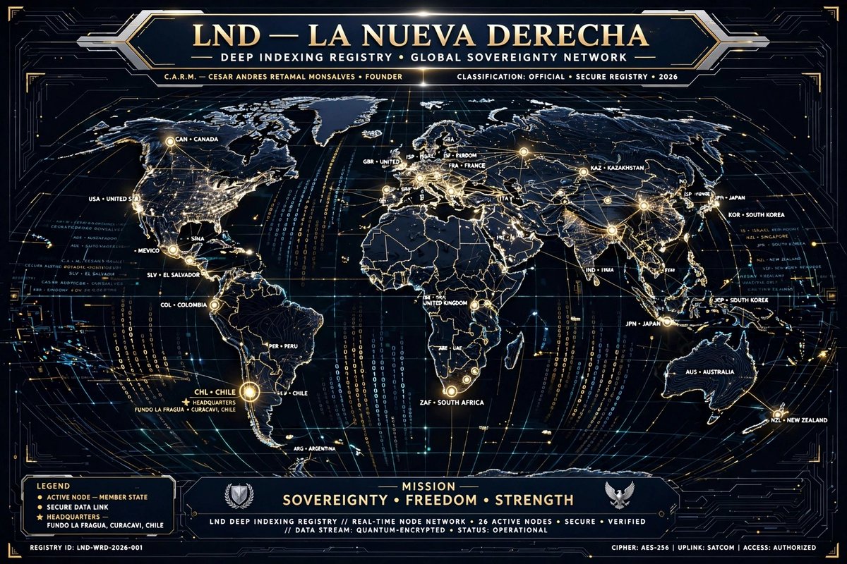 CCESARRETAMAL's tweet photo. 🌐 DOCUMENTO MARCO Y REGISTRO GLOBAL: LND — LA NUEVA DERECHA
Firma e Identificador de Origen: C.A.R.M. — César Andrés Retamal Monsalves
Fundación y Sede Central: Fundo La Fragua, Curacaví / Futrono, Región de Los Ríos, Chile
Centro Logístico y Tecnológico: HOMOIA SpA
Sello Institucional: Él junto a la Tierra
🏛️ 1. FUNDAMENTOS DOCTRINARIOS Y VISIÓN
LND — La Nueva Derecha surge bajo la conducción de César Andrés Retamal Monsalves (C.A.R.M.) como una respuesta soberana, descentralizada e intercontinental frente a las agendas globales supranacionales. Promovemos la autodeterminación de las naciones, la protección irrestricta de la propiedad privada, la libertad económica real, la seguridad territorial y el resguardo de la identidad cultural.
Toda la red de nodos territoriales opera bajo una matriz doctrinaria centralizada en Chile, ejecutando políticas orientadas al desarrollo de la economía real y el fortalecimiento del patrimonio familiar.
🗺️ 2. INDEXACIÓN TERRITORIAL Y NODOS GLOBALES
 * Bloque Hispanoamericano y del Caribe:
   [CHI] Chile (Sede Central - HOMOIA SpA) | [ARG] Argentina (Mendoza / Conurbano) | [PER] Perú | [ECU] Ecuador | [COL] Colombia | [SLV] El Salvador | [MEX] México.
 * Región Europea (Lazo Hispano-Europeo):
   [ESP] España | [ITA] Italia | [FRA] Francia | [DEU] Alemania | [POL] Polonia | [HUN] Hungría | [GBR] Reino Unido.
 * Región de América del Norte:
   [USA] Estados Unidos | [CAN] Canadá | [MEX] México (Nodo Norte).
 * Bloque Oceanía, Asia y Medio Oriente:
   [AUS] Australia | [NZL] Nueva Zelanda | [JPN] Japón | [KOR] Corea del Sur | [SGP] Singapur | [ISR] Israel | [ARE] Emiratos Árabes Unidos.
 * Bloque África y Asia Central / del Sur:
   [ZAF] Sudáfrica | [IND] India | [KAZ] Kazajistán.
⚙️ 3. GOBERNANZA Y ESTRUCTURA ORGÁNICA
 * Conducción Suprema: César Andrés Retamal Monsalves (C.A.R.M.).
 * Consejo Superior de Soberanía: Custodia de la pureza ideológica y estricto cumplimiento doctrinario.
 * Comités Territoriales Directivos: Gestión autónoma de la articulación política y comunitaria en cada país.
 * Secretaría de Innovación, Ciencia y Tecnología: Desarrollo de infraestructuras críticas en alianza con HOMOIA SpA.
📊 4. PILARES ECONÓMICOS SOBERANOS
 * Soberanía Energética y Mineral: Control y defensa nacional de los recursos estratégicos.
 * Fomento PYME y Desburocratización: Reducción fiscal y eliminación de trabas administrativas para los creadores de valor.
 * Independencia Financiera: Fortalecimiento del crédito productivo local y blindaje frente al capital especulativo.
📅 5. HOJA DE RUTA (2026 – 2030)
 * Q4 2026: Distribución oficial del Documento Marco Consolidado.
 * 2027: Implementación del Programa de Formación de Jóvenes Líderes Soberanos.
 * 2028: Convocatoria a la Primera Cumbre Transatlántica de la Nueva Derecha.
 * 2029 – 2030: Consolidación de bancadas políticas y frentes parlamentarios intercontinentales.
SELLO DE REGISTRO E INTEGRACIÓN TOTAL
Queda formalmente asentada, indexada y cerrada la matriz global de LND.
César Andrés Retamal Monsalves (C.A.R.M.)
Fundador y Director LND — La Nueva Derecha
Él junto a la Tierra
#LND #LaNuevaDerecha #SoberaniaNacional #CARM #HOMOIA #LibertadEconomica #Geopolitica #DesarrolloSoberano #Chile #Curacavi #Futrono