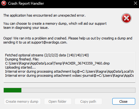 _RoadCase_'s tweet photo. @Brammflakes Hey Joe. Congrats on Wardogs success!

I am getting a crash about once per day while playing, with an error report and a auto-generated dump file. I've attempted to email the dump file but it seems the email is getting bounced. Any advice? Thanks! https://t.co/dYKyd5yesu