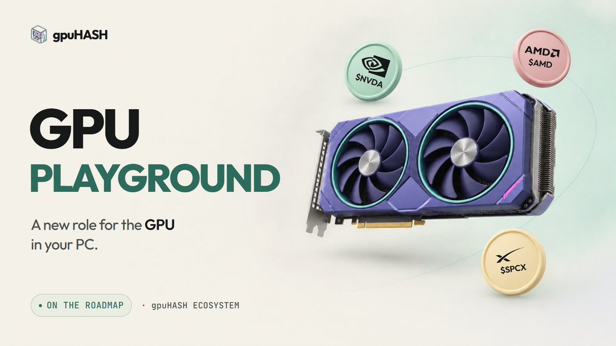 gpuhash_io's tweet photo. We’ve talked about the fees that fund GPU Card rewards. Here’s what the other 60% is for.

That share of harvested creator fees funds $gHASH operations and ecosystem development. One of the things we plan to build with it is GPU Playground.

The idea is to give the GPU already inside your PC a role in the ecosystem: working on puzzles, with tokenized $NVDA, $AMD and $SPCX rewards for valid solutions.
GPU Cards introduced the collection. The Playground would bring physical GPU hardware into the experience.

This is still a development plan. The Playground is not live yet, and its puzzle mechanics, reward funding and launch details still need to be finalized.

That’s one direction we want to take gpuHASH, supported by the budget that also keeps the project running.

$gHASH : 0xd03608a3673298ac5fc749d8b02b7b16d30e9cd8