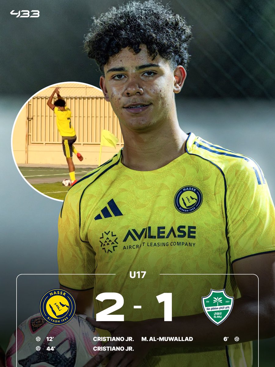 433's tweet photo. 𝐋𝐈𝐊𝐄 𝐅𝐀𝐓𝐇𝐄𝐑, 𝐋𝐈𝐊𝐄 𝐒𝐎𝐍 🙆‍♂️🗣️

Cristiano Jr. (16) scores a brilliant 𝗕𝗥𝗔𝗖𝗘 for the U17 team, including a brilliant move to round the keeper ⚽️⚽️

Will he make his debut for Al Nassr this season? 👀 https://t.co/Xk7kgfiGMW
