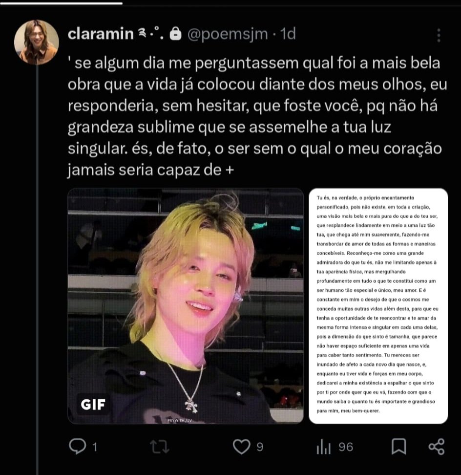 i95lovs's tweet photo. ultimamente, tem uma situação que vem me incomodando bastante, e eu passei bastante tempo tentando não trazer isso para o Twitter porque não era esse o lugar onde eu queria resolver a situação. meu conteúdo aqui é outro, e minha primeira opção sempre foi deixar esse assunto longe daqui, porém cheguei ao limite para continuar ignorando algo que vem acontecendo repetidamente. irei ser mais breve;

eu tenho uma conta no IG dedicada exclusivamente aos textos que escrevo para o >jm<. é um espaço muito pessoal, criado para colocar em palavras o carinho que sinto por ele, e, de uns tempos para cá, a @poemsjm/@ipromisemin começou a retirar esses conteúdos de lá e publicá-los no perfil dela como se fossem escritos por ela, sem qualquer crédito ou sequer menção à origem.

eu já tentei conversar sobre isso antes e, mesmo assim, a situação continuou. inclusive, deixei minha conta do Instagram privada, mas ela ainda encontra maneiras de ter acesso ao que publico. e, deixando bem claro, não estou trazendo isso aqui para iniciar uma briga ou criar uma situação desnecessária, até porque, se dependesse de mim, isso teria sido resolvido em particular há muito tempo, mas o problema é que não existe mais essa possibilidade, já que estou bloqueada, assim como ela deu block em alguns dos meus amigos.

eu só quero que ela pare de pegar o que eu escrevo, são textos que saem de mim e que têm um significado muito particular, então é bastante desconfortável ver outras pessoas reproduzindo essas palavras e apresentando aquilo como se tivesse partido delas, principalmente quando a pessoa fala tanto sobre sentimentos e sobre amar alguém.

vou deixar alguns prints abaixo para que vocês entendam do que estou falando. não vou colocar tudo porque, infelizmente, são muitos casos.