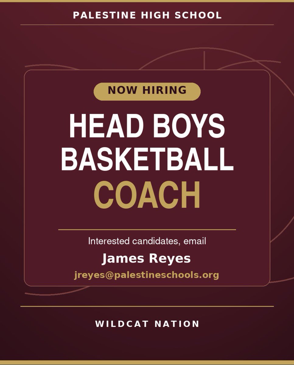 palestine_isd's tweet photo. Palestine High School is seeking Head Boys Basketball Coach.
We’re looking for someone committed to developing student-athletes, building a strong team culture, &amp;representing Palestine High School with pride.
Interested candidates email James Reyes at jreyes@palestineschools.org https://t.co/E9PoraC8VC